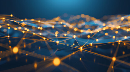 Abstract connected dots and lines on blue background. Communication and technology network concept with moving lines and dots