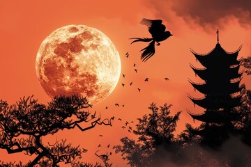 A silhouette of a bird flying over a moonlit sky