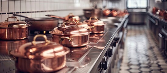 kitchen for professional use with lots of copper pots. Copy space image. Place for adding text and design