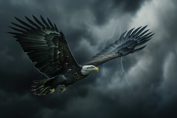 Obraz premium Majestic bald eagle flying in a dramatic stormy sky