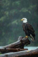Majestic bald eagle perching on log during rainstorm
