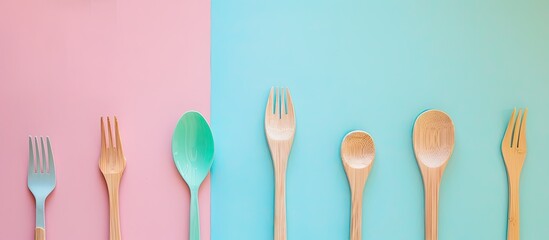 cutlery made of wood in pastel background  Design  Food. Copy space image. Place for adding text and design