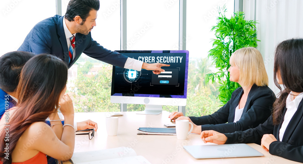 Poster cyber security system on computer screen protect private information snugly from hacker and cyber at