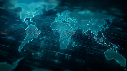 A world map made entirely of matrix code, glowing continents, upper third copy space