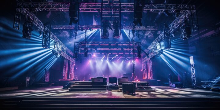 A Live stage production being built in an arena, stadium class live venue