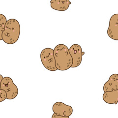 Cute happy potato character. Seamless pattern. Cartoon kawaii food with funny face. Hand drawn style. Vector drawing. Design ornaments.