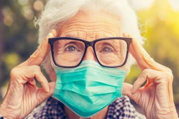 Senior woman adjusting face mask outdoors for protection
