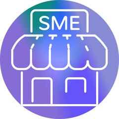 Icon of a small and medium business storefront with sign, SME, small and medium-sized enterprise logo.
