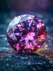 Fototapeta premium A large purple gemstone on a dark background, sparkling with vivid color and intricate facets, emphasizing its luxurious appearance and detailed structure