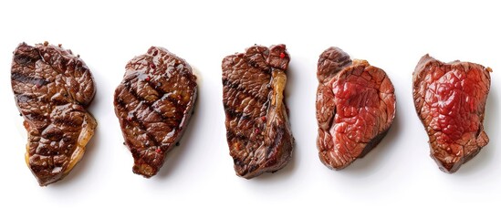 Obraz premium Raw steaks frying degrees: rare, blue, medium, medium rare, medium well, well done isolated on white background with clipping path. Copy space image. Place for adding text and design