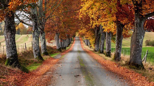 A quiet country road lined with autumn trees