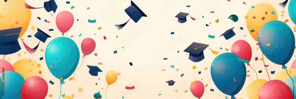 Poster a digital illustration of a graduation party with colorful balloons and confetti floating against a 