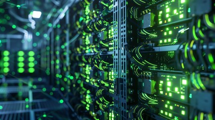 photo illustration of  server rack in a data center , security, networking, minning many connected Nvidia GPUs, server room, security, minning crypto