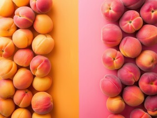 Obraz premium Vibrant display of peaches on orange and pink backgrounds. Great for lively and colourful designs.