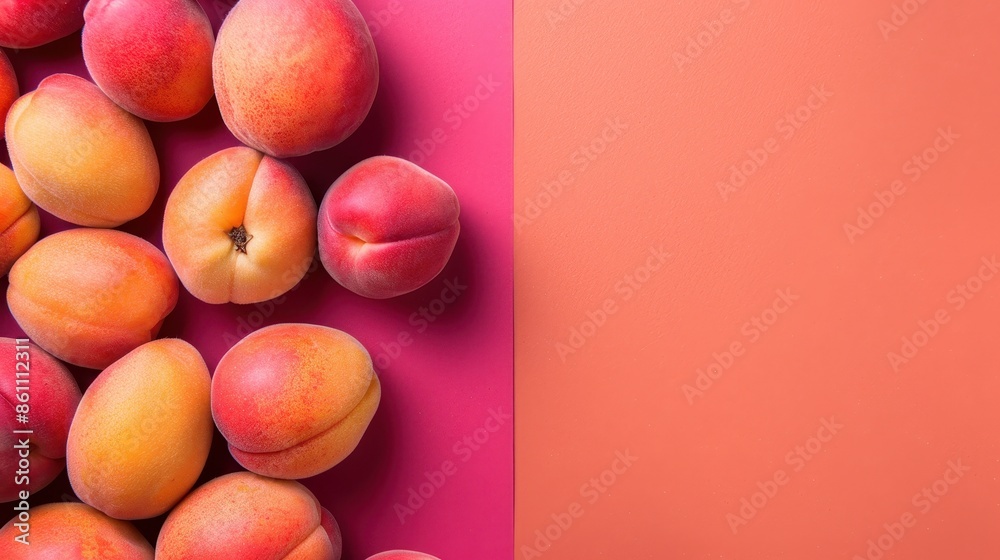 Canvas Prints Vibrant display of peaches on orange and pink backgrounds. Great for lively and colourful designs.