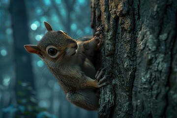 Fototapeta premium A squirrel is climbing up a tree