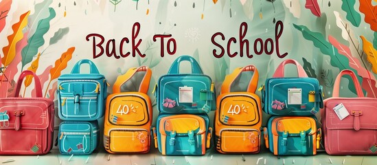 Stylized digital art of "Back To School" with colorful backpacks and lunch boxes.