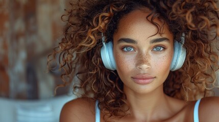 Mixed-race woman wears headphones and takes notes while watching a webinar