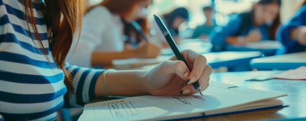 Student taking educational admission test in school, thinking hard, writing answer in university classroom, education and concept of world literacy day