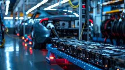 Obraz premium A robotic vehicle transports a stack of batteries through an automobile manufacturing facility.