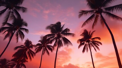 Coconut trees against a setting sun in the tropics