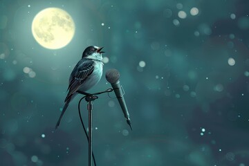 Fototapeta premium A bird is perched on a pole next to a microphone