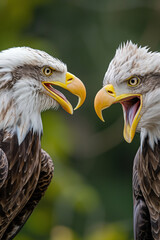 Two bald eagles communicating with open beaks