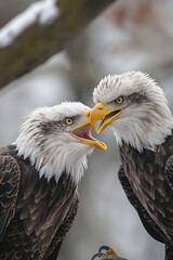 Obraz premium Two bald eagles communicating with open beaks