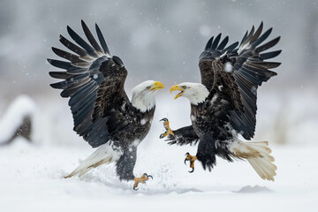 Two bald eagles fighting in winter snow