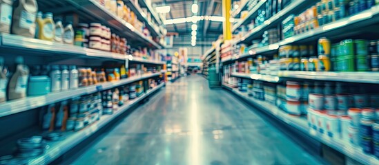 Blurred large hardware store in America. Defocused interior home improvement retailer, racks, rows of interior paint, exterior paint/stain, floor paint/stain cans and building materials