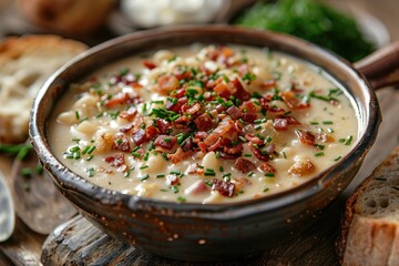 Fototapeta premium A bowl of creamy clam chowder, garnished with crispy bacon bits and fresh chives, served with a slice of sourdough bread.
