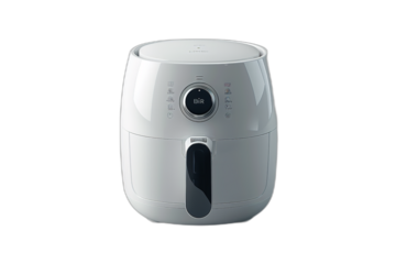 A white air fryer appliance with a control panel and a viewing window on a transparent background