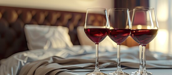 Elegant and comfortable home & hotel bedroom interior. focus on glasses of red wine. Copy space image. Place for adding text and design
