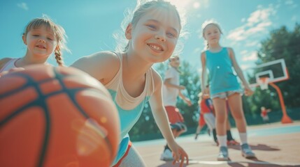 Group of cute kids playing basketball and looking at the camera at the sports field on a sunny day....