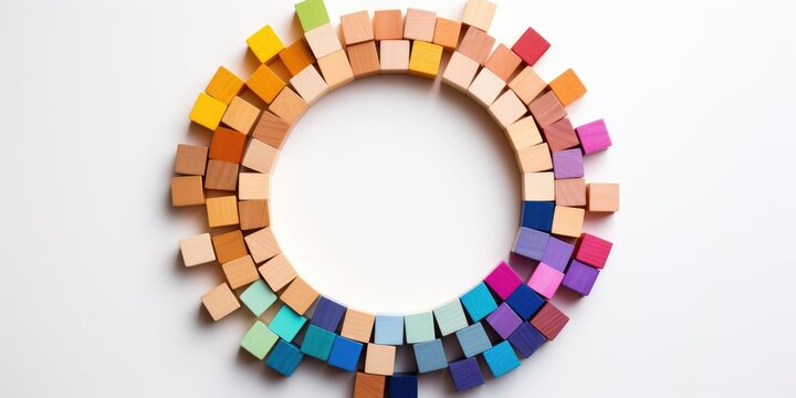 Colors in unity. Circle of colored blocks representing unity of diverse elements (colors). .Wooden blocks placed in a a circle on a neutral white background