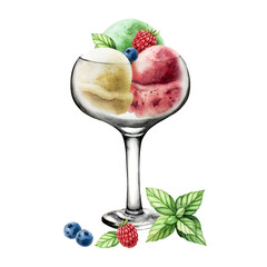 Glass bowl with scoops of vanilla, pistachio, mint, apple, strawberry, cherry, raspberry ice cream. Hand painting sweet watercolor illustration isolated on background. For designers, menu, shop,