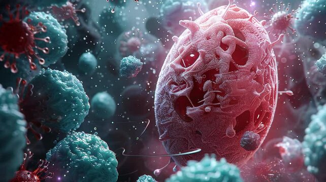 illustration of egg cells and white blood cells contaminated with viruses