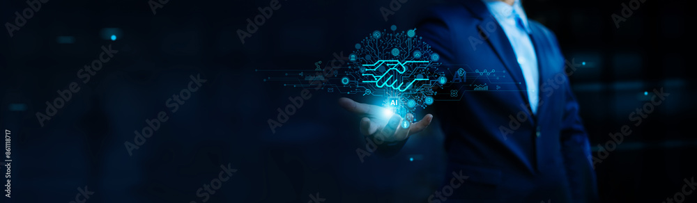 Poster Businessman holding brain of AI, Handshake of man and robot. The future of every business is powered by AI with automation. Teamwork of human and AI. Business and artificial intelligence technology.