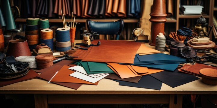 Leather craft or leather working. beautifully colored tanned leather on leather craftman's work desk with working tools background