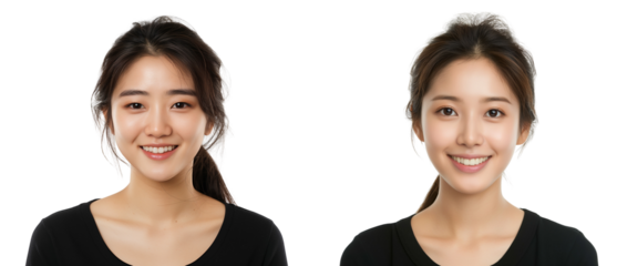 Passport size photo of young woman in black t-shirt isolated