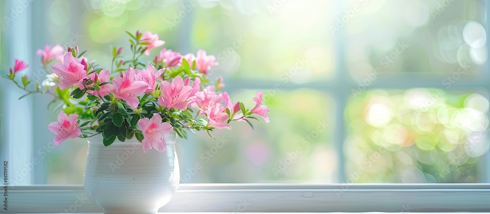 Wall mural Flower pot with blooming azalea plant on a windowsill. Copy space image. Place for adding text and design