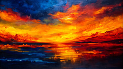 Obraz premium Dramatic orange and red hues paint the sky and clouds at dusk, reflecting fiery light on the water