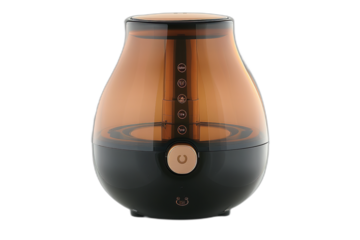 An essential oil diffuser in a brown and black color scheme on a transparent background