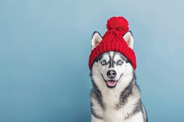 Smiling siberian husky in red winter hat on blue background