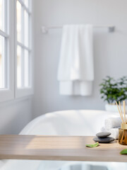 A space for displaying products on a wooden bathtub tray in a modern white and clean bathroom.