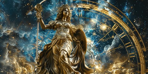 Golden Statue of Athena Against Cosmic Backdrop with Astrological Symbols