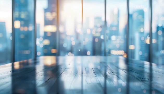 Empty Office with Glass Table and Chairs, City Buildings Background. Professional workspace environment.