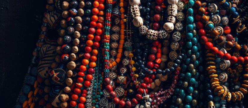 Representative photography of necklaces of the different Orishas belonging to the Afro-Cuban Yoruba religion. Copy space image. Place for adding text and design