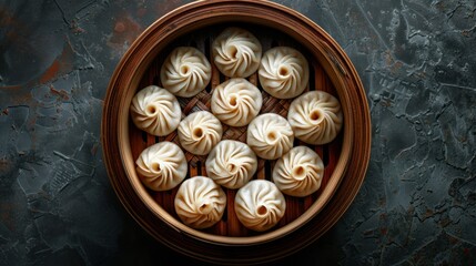 Picture of Xiao Long Bao in the center, solid background, high definition.