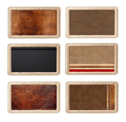 Set of leather elements. Collection of leather tag and label of black, beige and brown color. Isolated on white background
